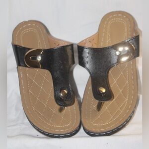 Gold Studded Black Sandals with Quilted Footbed